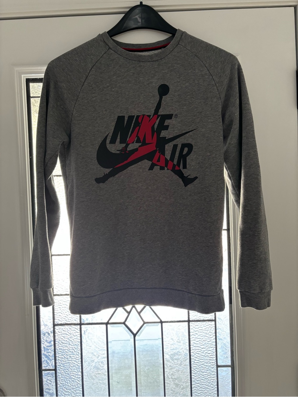 Nike Gray Crewneck Sweatshirt with Black and Red Air Logo